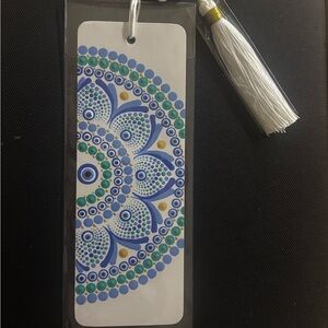 Hand Painted Blue Mandala Bookmark –Spiritual Dot Art Gift with Tassel. evil eye